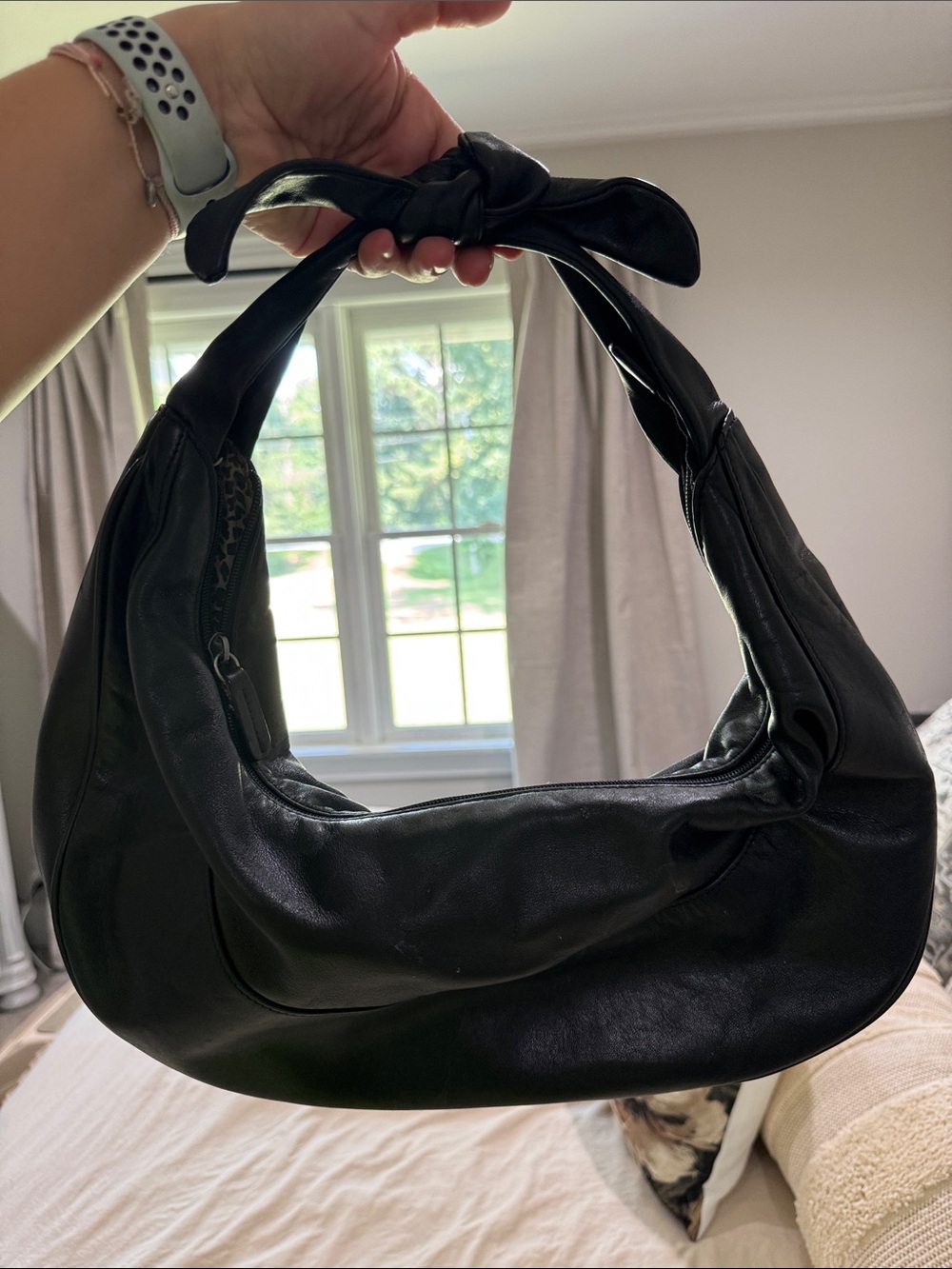 Vintage Etienne Aigner Genuine Leather Black Hobo Bag Bow Handle Leopard Lining